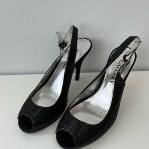 Gallery Peep Toe Sling Back Black Sparkle Heels Shoes 7 Party Wedding Guest